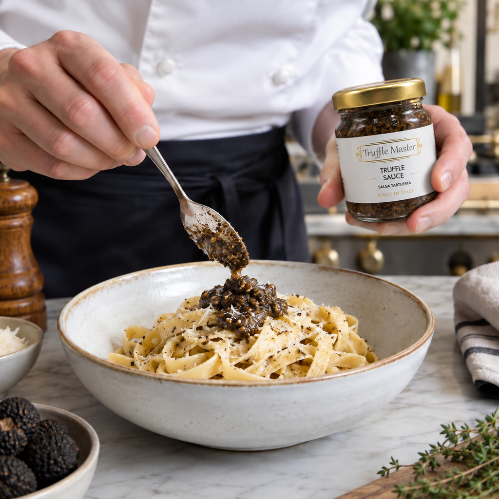 spoonful of truffle sauce being added to a warm dish