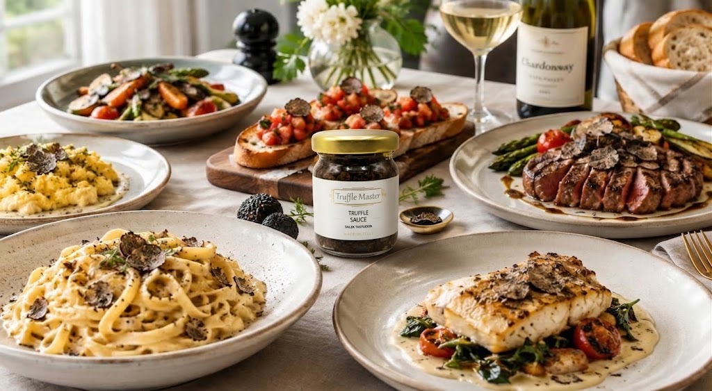 foods paired with truffle sauce including pasta eggs vegetables and bruschetta
