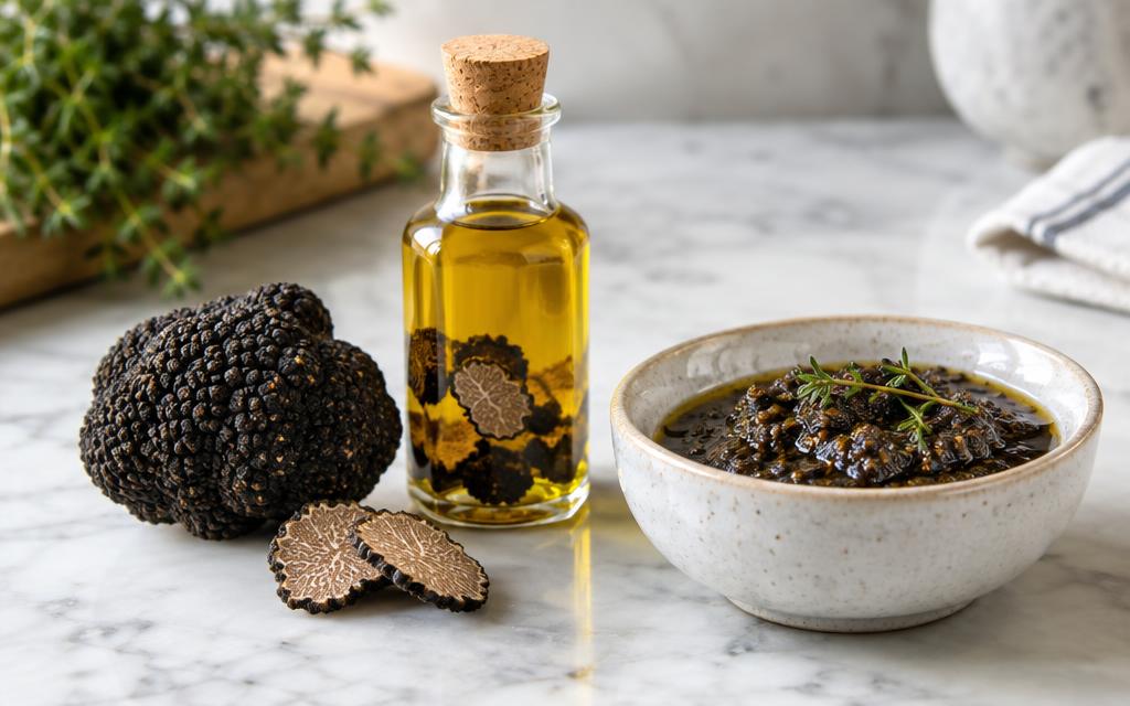 fresh truffle and truffle oil beside truffle sauce