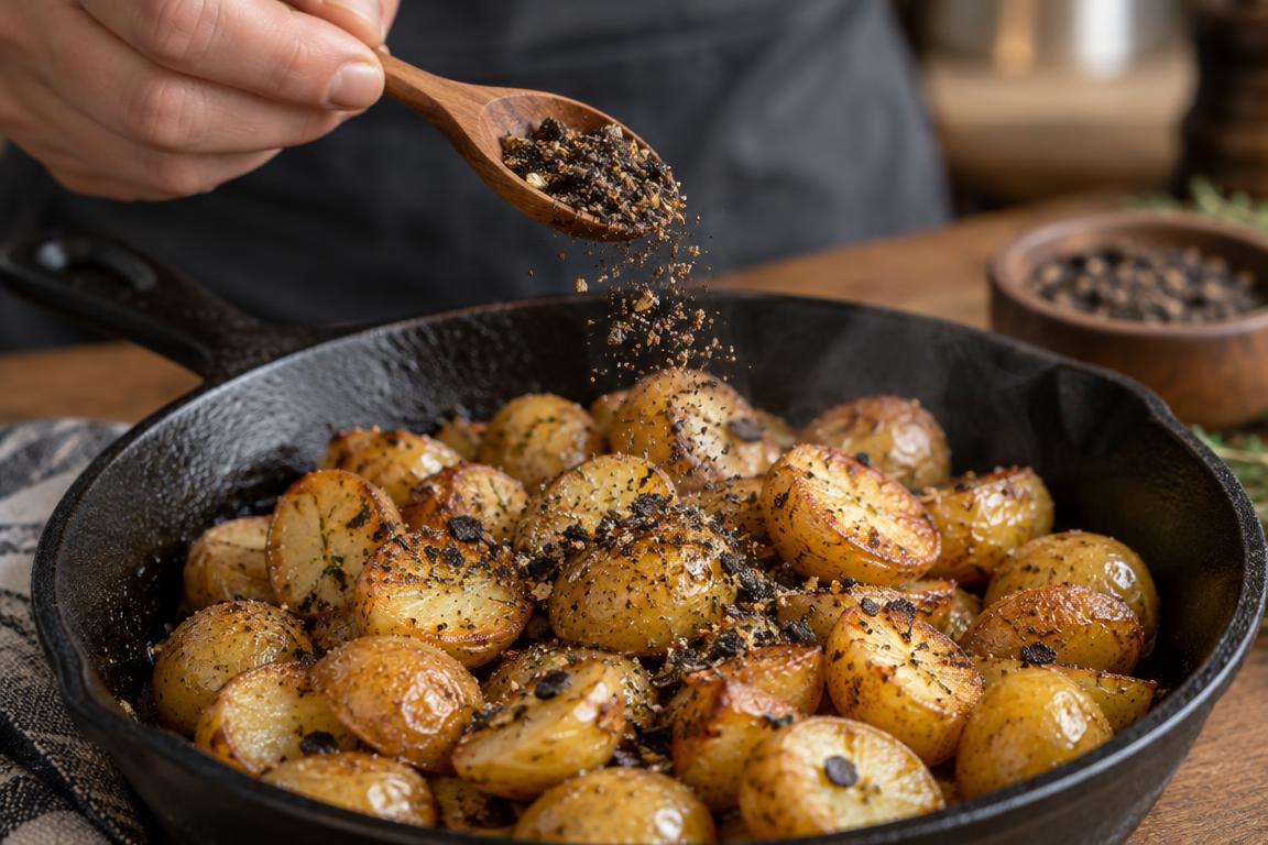 A dry seasoning spoon dusting black truffle powder across roasted baby potatoes