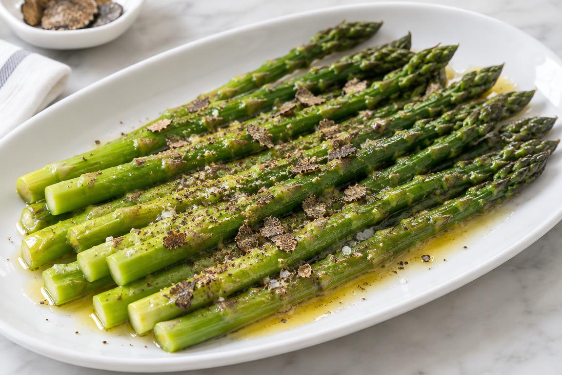 Fresh asparagus spears drizzled with melted butter and sprinkled with truffle seasoning