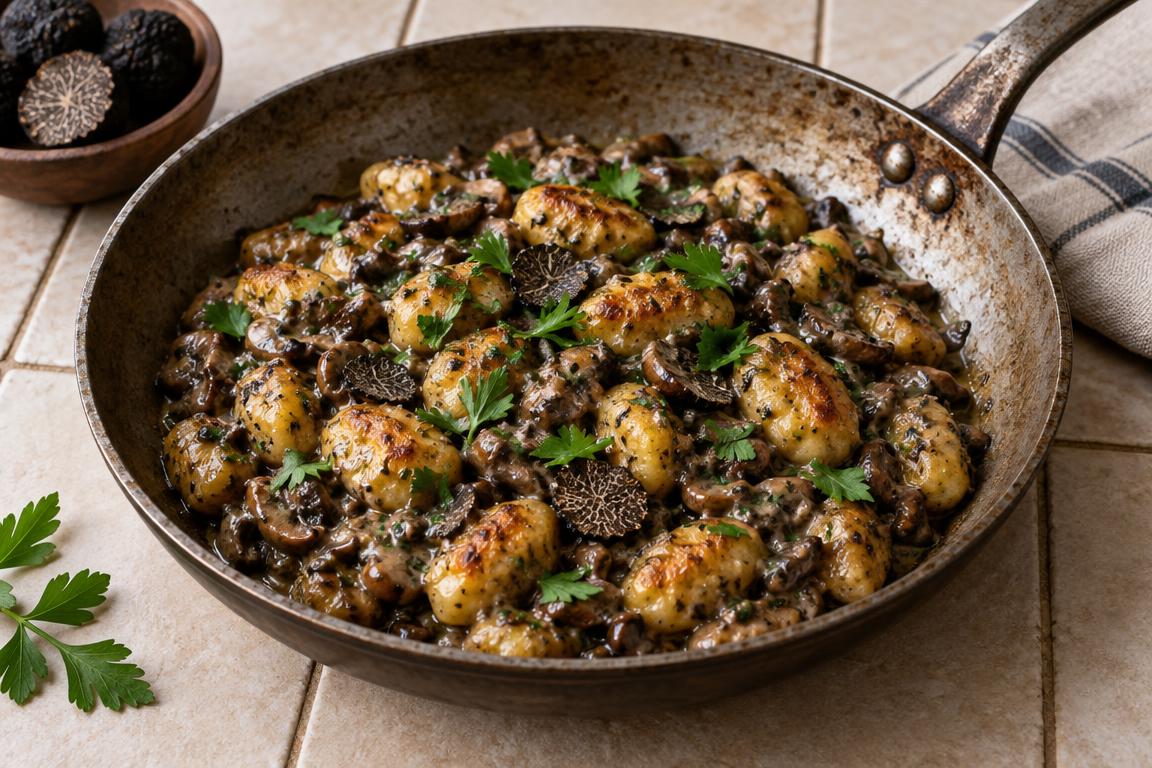 Potato gnocchi tossed with dark truffle sauce and fresh parsley in a skillet