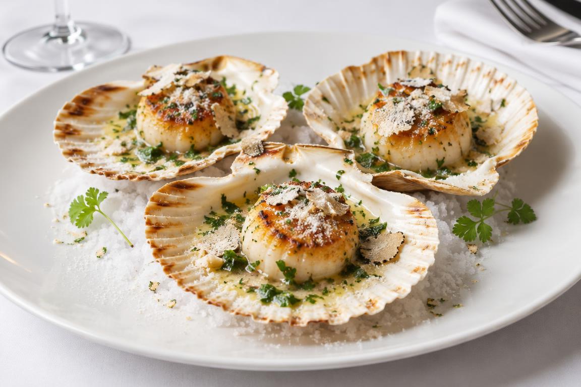 Seared sea scallops served in shells with a dusting of white truffle powder