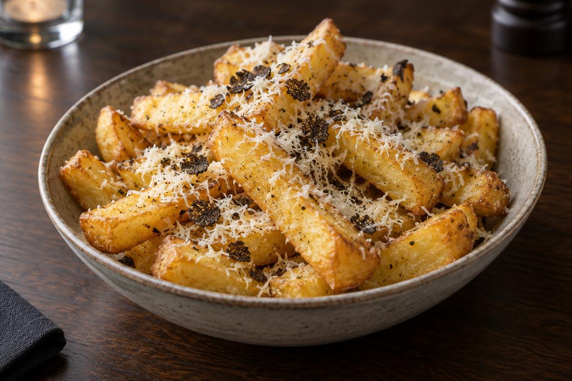 Thick-cut golden chips seasoned with truffle powder and grated hard cheese
