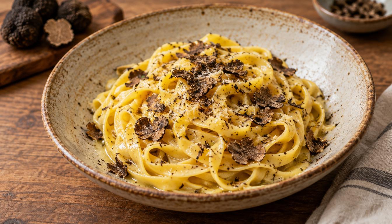 A freshly prepared bowl of tagliatelle pasta finished with shaved black truffle and grated cheese